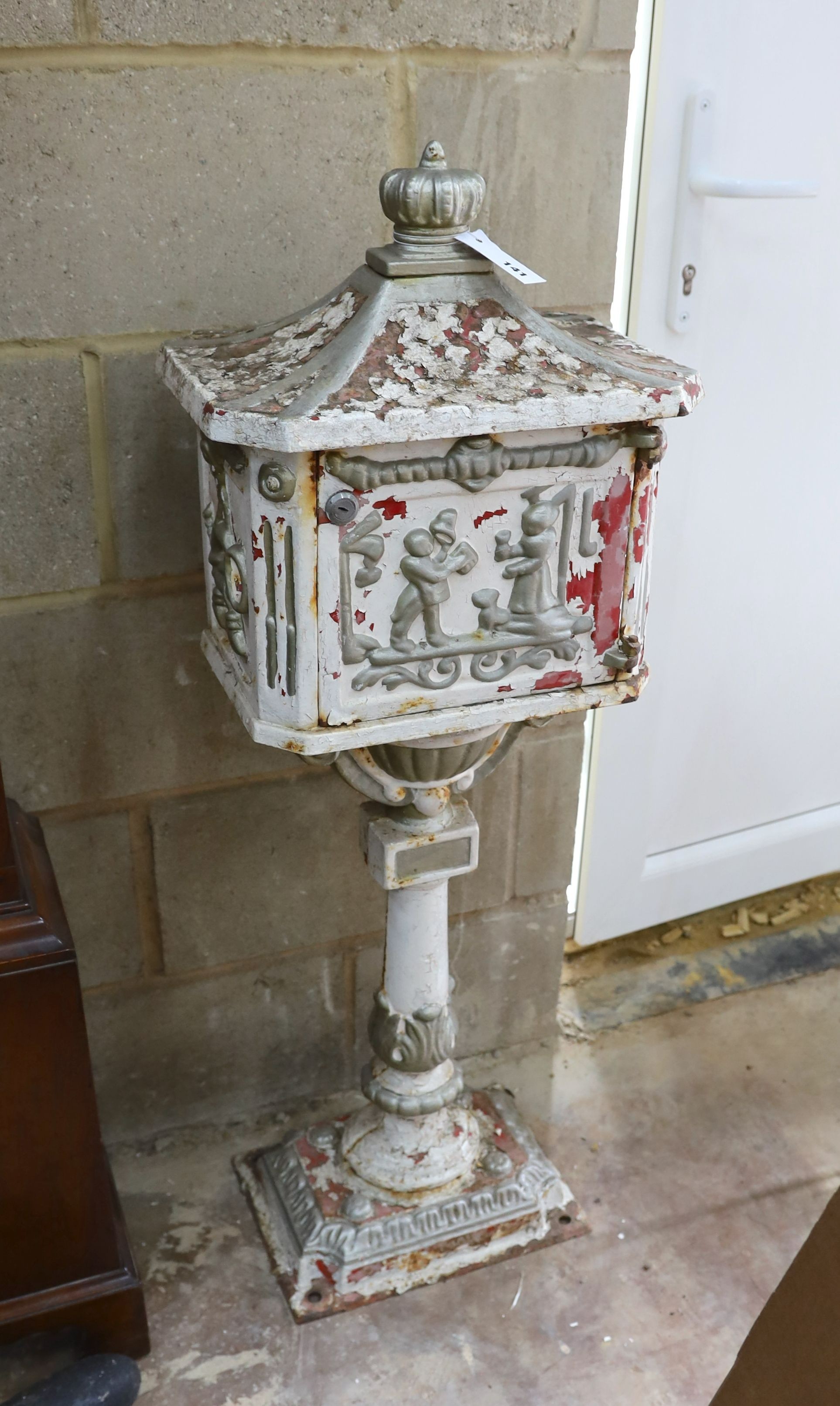 A Victorian style painted metal postbox, width 40cm, depth 28cm, height 110cm
